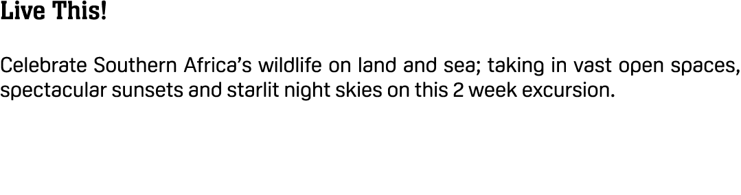 Live This! Celebrate Southern Africa’s wildlife on land and sea; taking in vast open spaces, spectacular sunsets and ...