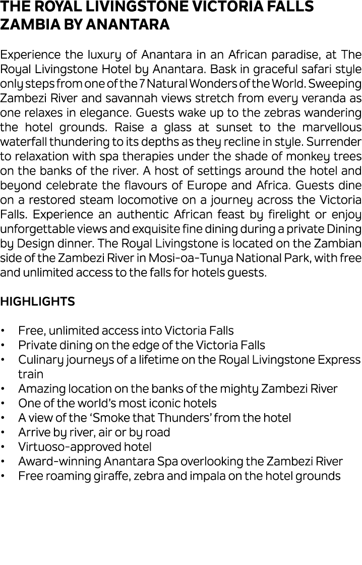 The Royal Livingstone Victoria Falls Zambia by ANANTARA Experience the luxury of Anantara in an African paradise, at ...