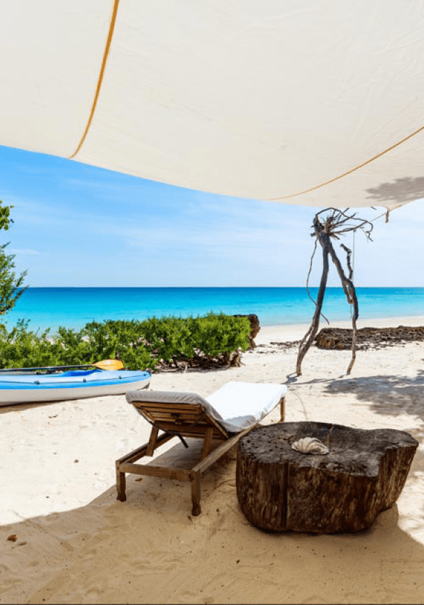Idyllic tropical beach with white sand, turquoise ocean water and blue sky in Mozambique Africa