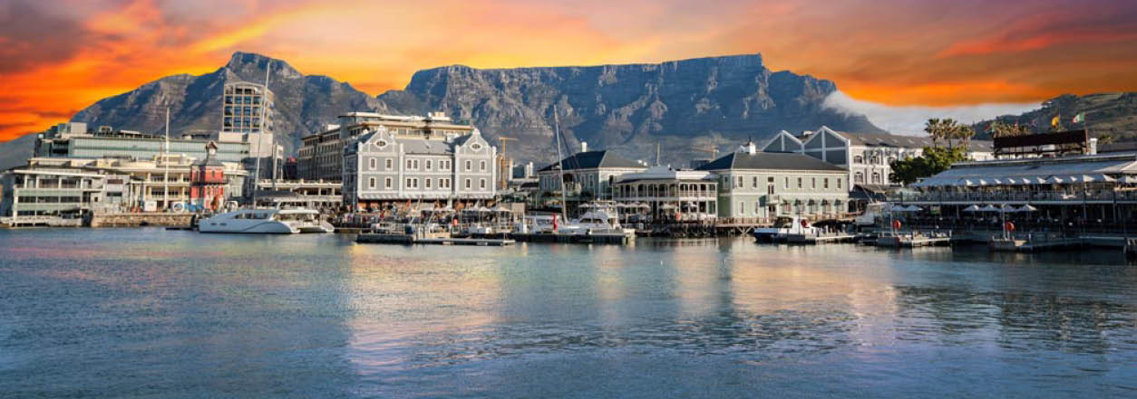 Table mountain waterfront boats and shops in Cape Town South Africa