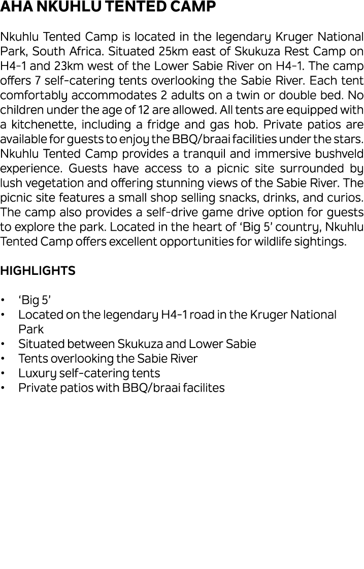 aha Nkuhlu Tented Camp Nkuhlu Tented Camp is located in the legendary Kruger National Park, South Africa. Situated 25...