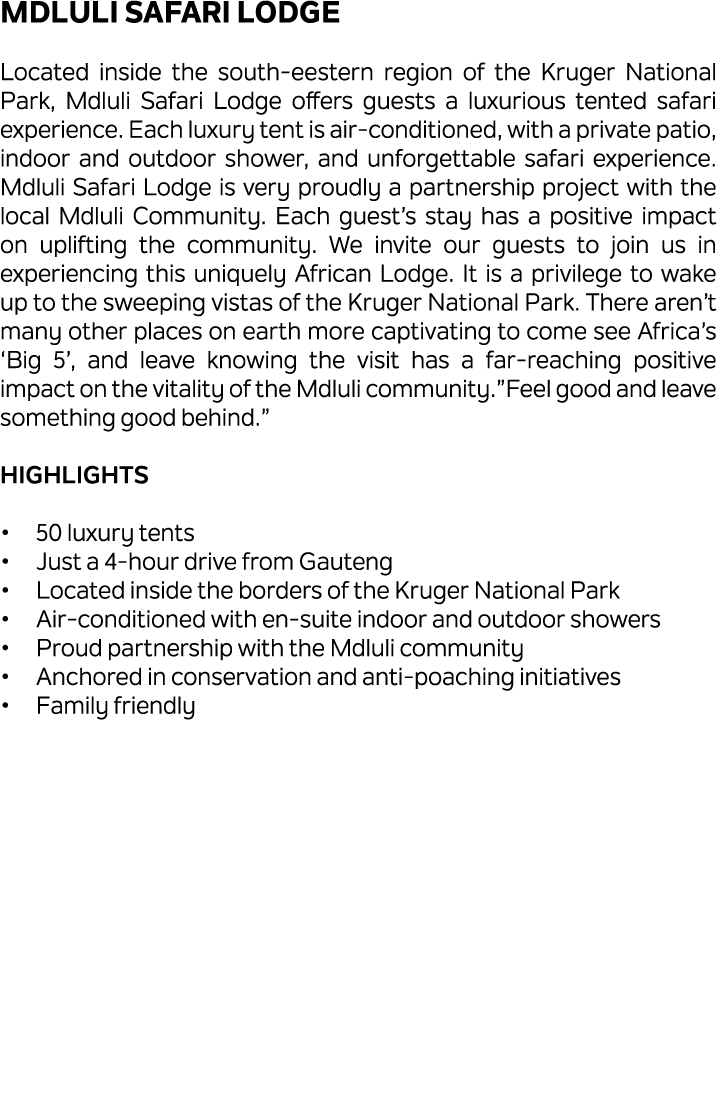 Mdluli Safari Lodge Located inside the south eestern region of the Kruger National Park, Mdluli Safari Lodge offers g...