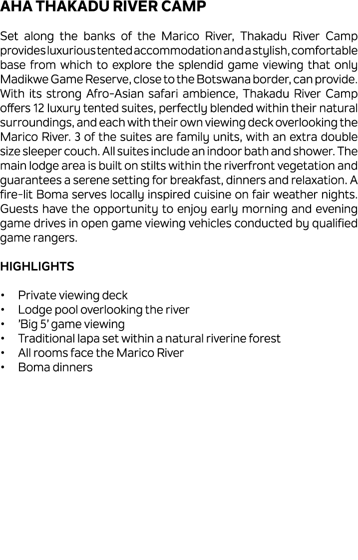 aha Thakadu River Camp Set along the banks of the Marico River, Thakadu River Camp provides luxurious tented accommod...