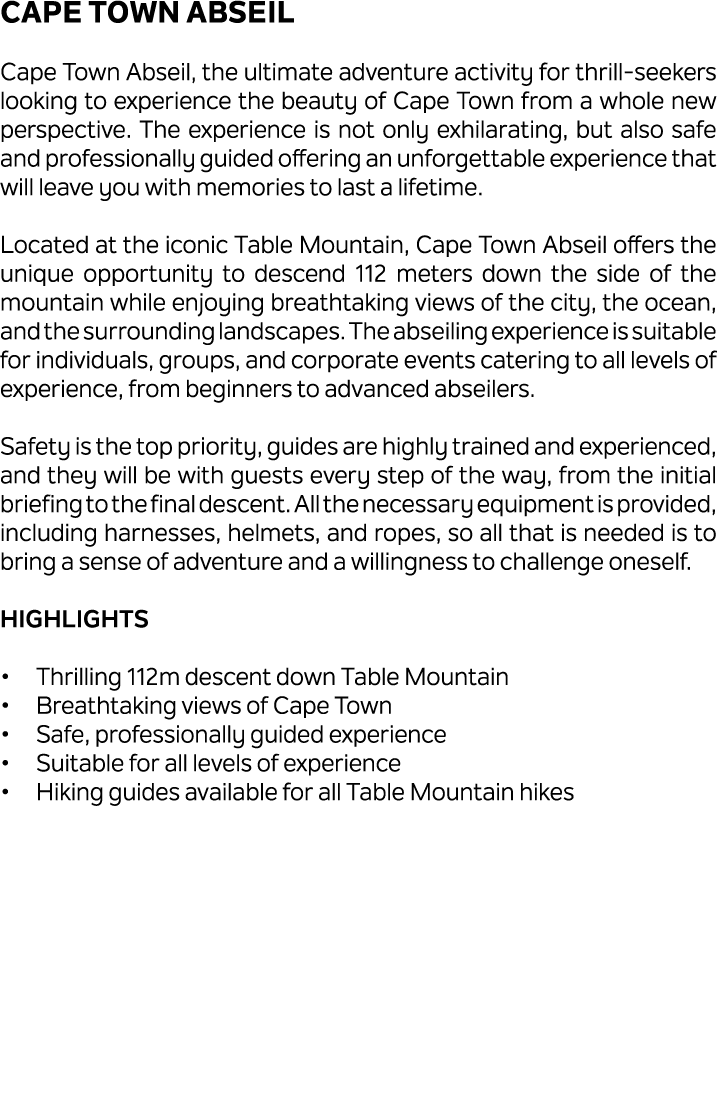 Cape Town Abseil Cape Town Abseil, the ultimate adventure activity for thrill seekers looking to experience the beaut...