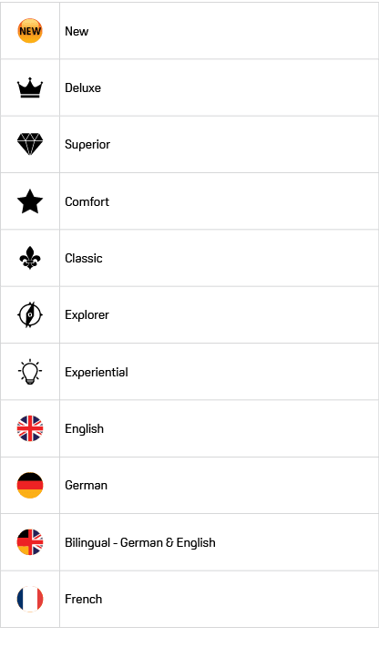 ￼,New,￼,Deluxe,￼,Superior,￼,Comfort,￼,Classic,￼,Explorer,￼,Experiential,￼,English,￼,German,￼,Bilingual German & Engli...
