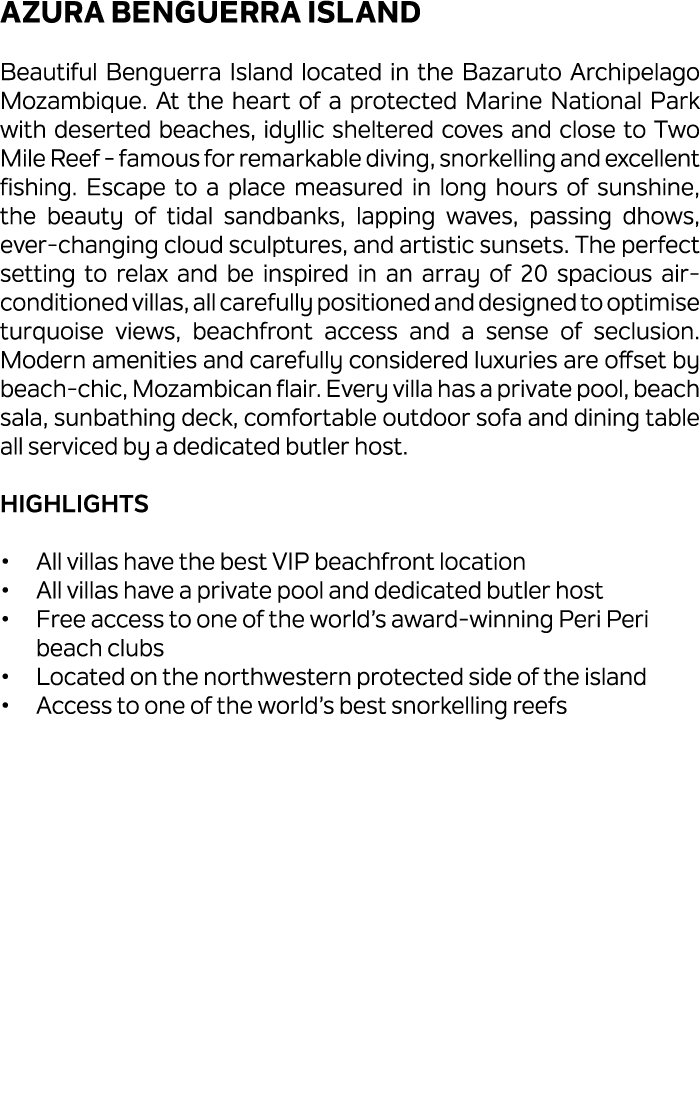 Azura Benguerra Island Beautiful Benguerra Island located in the Bazaruto Archipelago Mozambique. At the heart of a p...