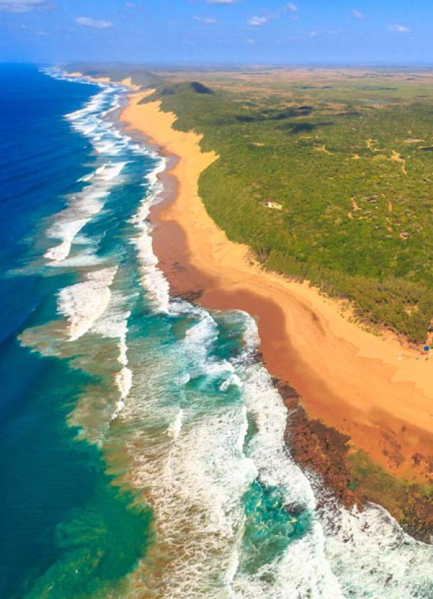 Aerial view of Sodwana Bay National Park within the iSimangaliso Wetland Park, Maputaland, an area of KwaZulu-Natal on the east coast of South Africa. Indian Ocean landscape.