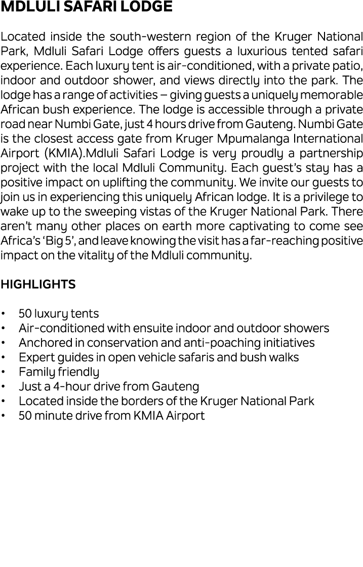 Mdluli Safari Lodge Located inside the south western region of the Kruger National Park, Mdluli Safari Lodge offers g...