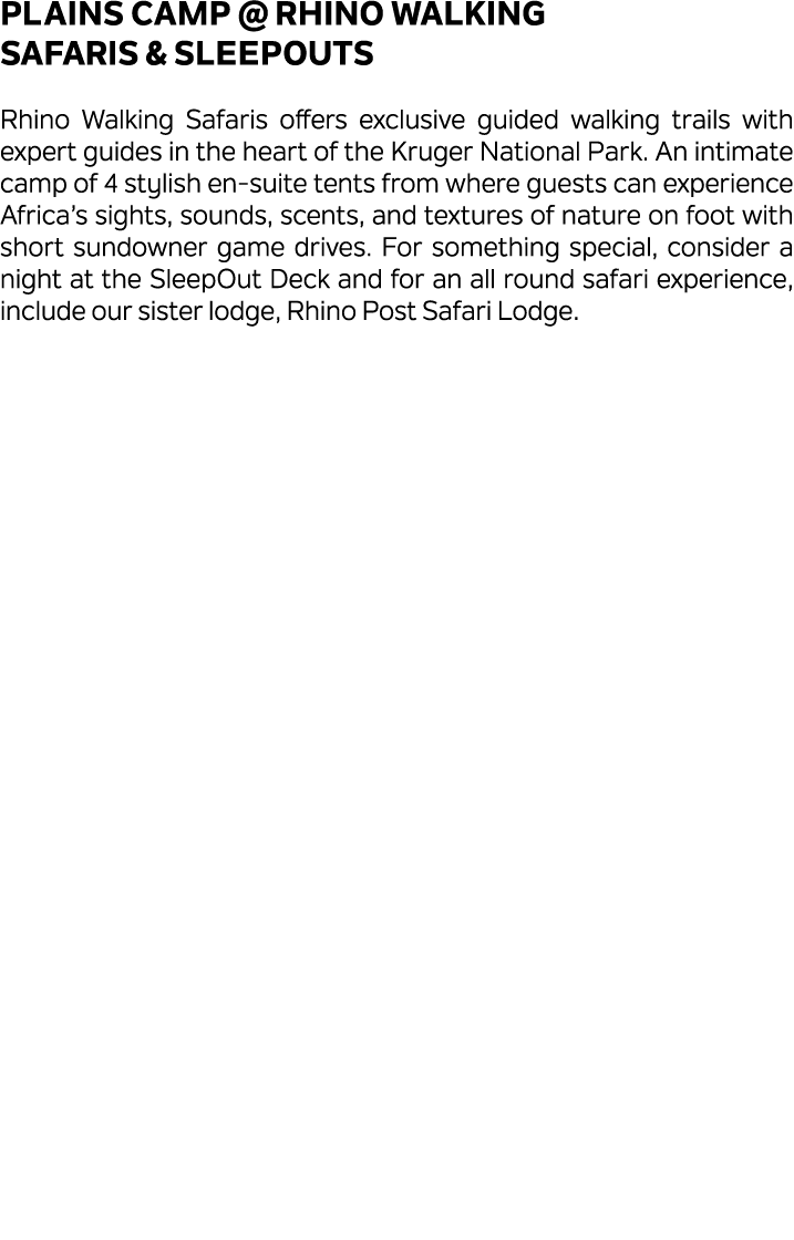 Plains Camp @ Rhino Walking Safaris & SleepOuts Rhino Walking Safaris offers exclusive guided walking trails with exp...