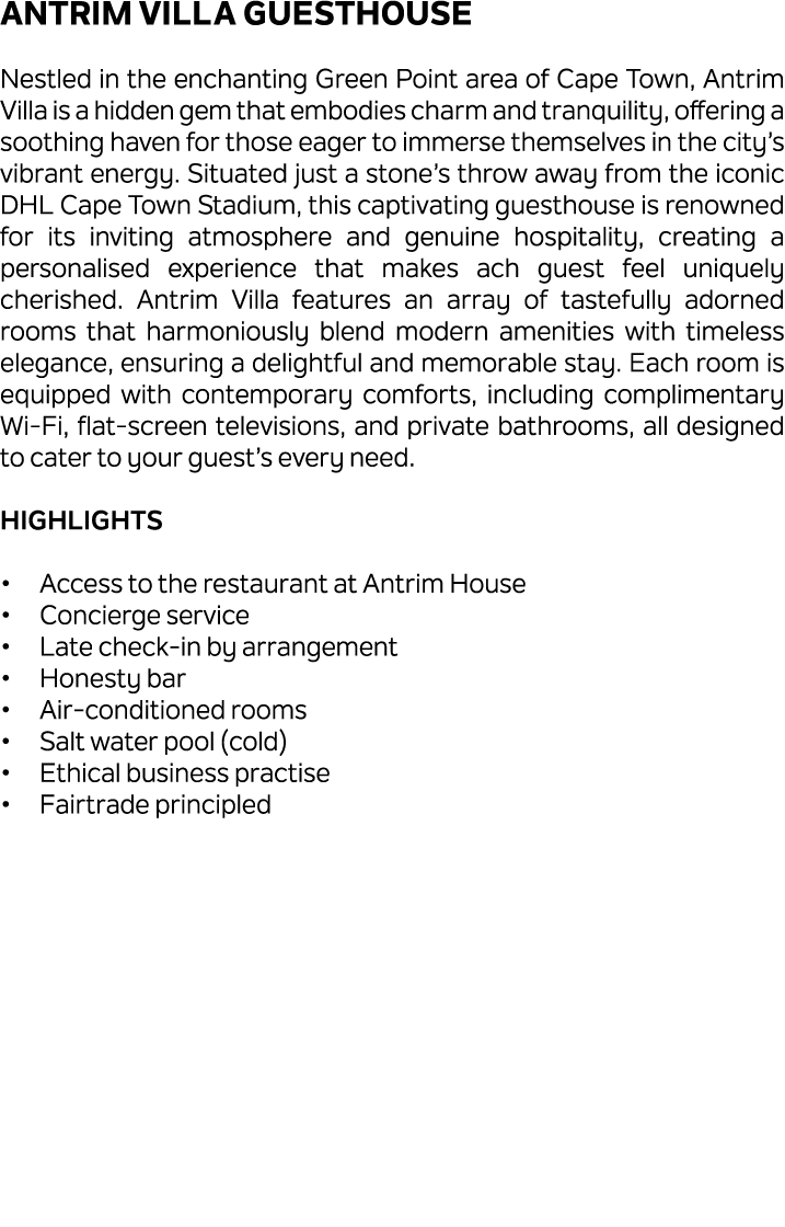 Antrim Villa Guesthouse Nestled in the enchanting Green Point area of Cape Town, Antrim Villa is a hidden gem that em...