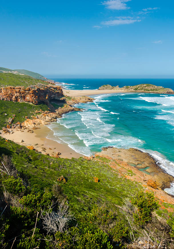 Robberg nature reserve near Plettenberg bay, Garden Route. Wonderful beach and indian ocean waves from above. Robberg peninsula, South african landscape, South Africa, Garden route wilderness 