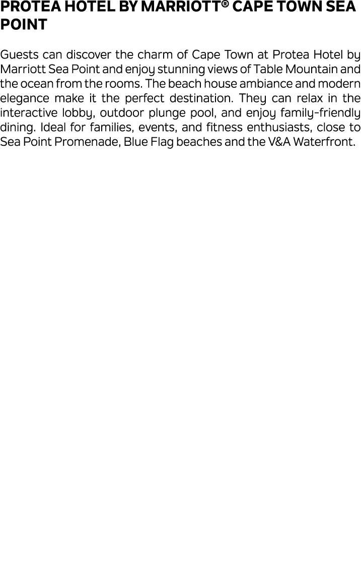 Protea Hotel by Marriott® Cape Town Sea Point Guests can discover the charm of Cape Town at Protea Hotel by Marriott ...