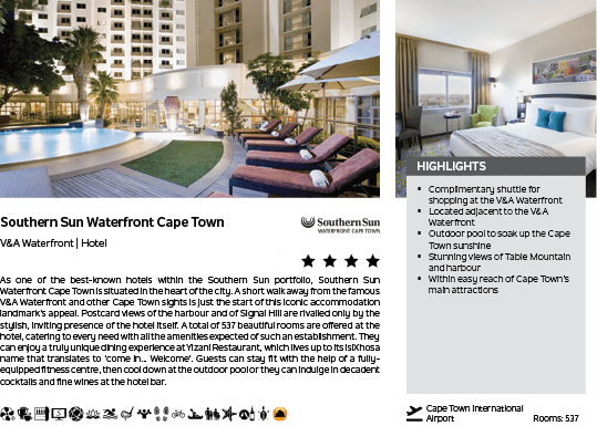 A hotel advertisement for the Southern Sun Waterfront Cape Town. Description generated by AI