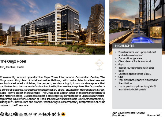 A hotel advertisement with a picture of a building and the words “The Onyx Hotel". Description generated by AI