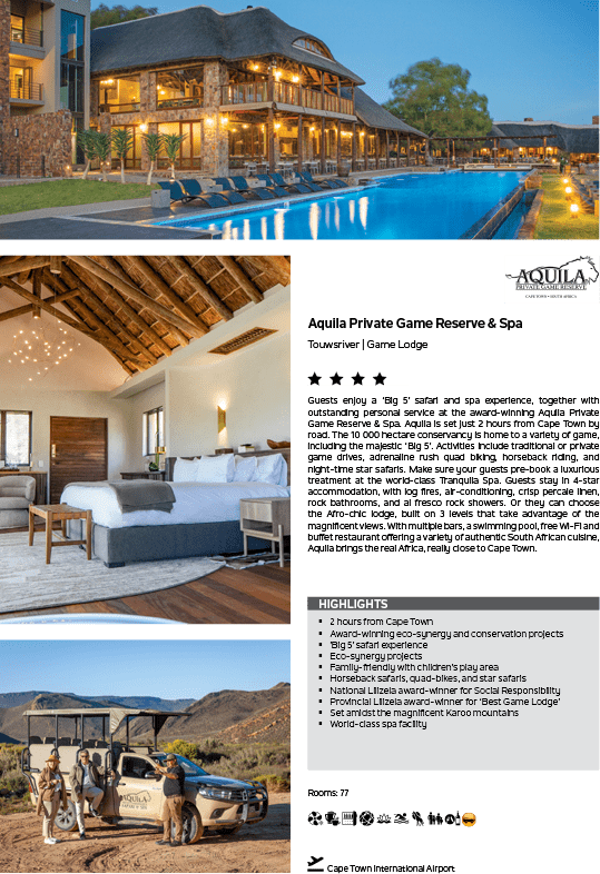A brochure for Aquila Private Game Reserve. Description generated by AI