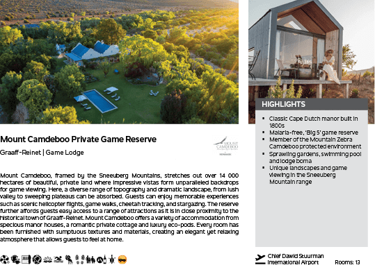 A brochure for the Mount Cariboo Private Game Reserve. Description generated by AI