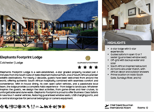 A brochure for the Elephant's Footprint Lodge. Description generated by AI