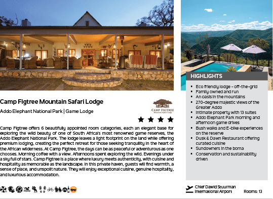 A brochure for a safari lodge with a picture of a house and a mountain in the background. Description generated by AI