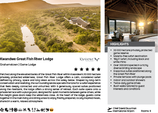 A brochure for the Kwandwe Great Fish River Lodge. Description generated by AI