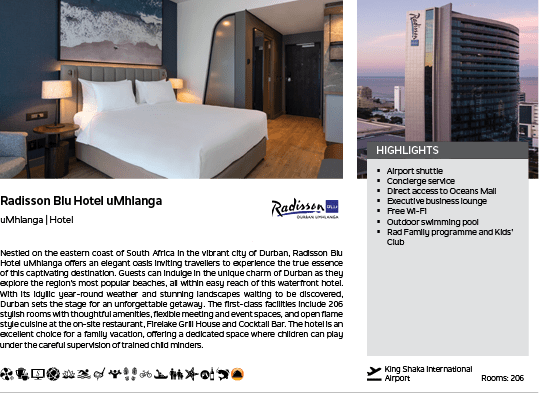 A hotel advertisement for the Radisson Blue Hotel in Umhlanga. Description generated by AI