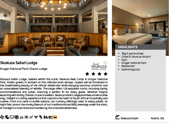 A hotel advertisement for the Skulz Safari Lodge. Description generated by AI