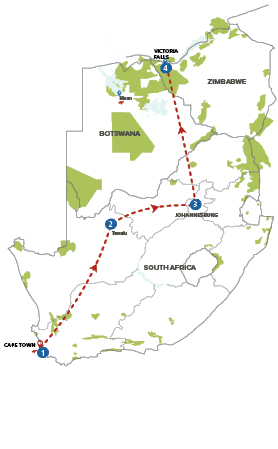 A map of Africa with a red line drawn from Cape Town to Johannesburg. Description generated by AI