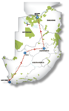 A map of Africa with a red line going from Cape Town to Victoria Falls. Description generated by AI