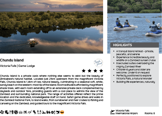 A brochure for Chundu Island Lodge. Description generated by AI