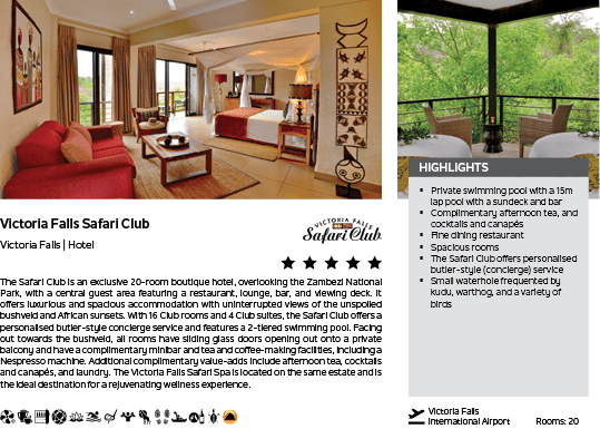 A brochure for the Victoria Falls Safari Club. Description generated by AI
