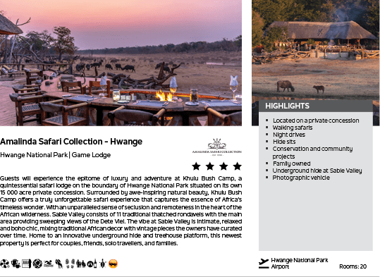 A brochure for the Amalinda Safari Collection in Hwange. Description generated by AI