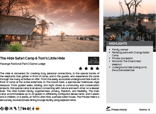 A website page with a picture of a safari camp and a description of the camp. Description generated by AI