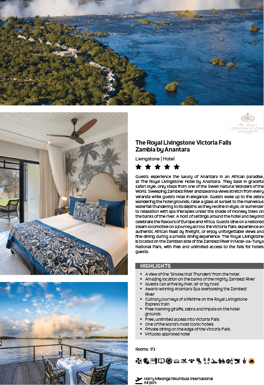 A brochure for a hotel with a picture of a bedroom and a picture of a waterfall. Description generated by AI