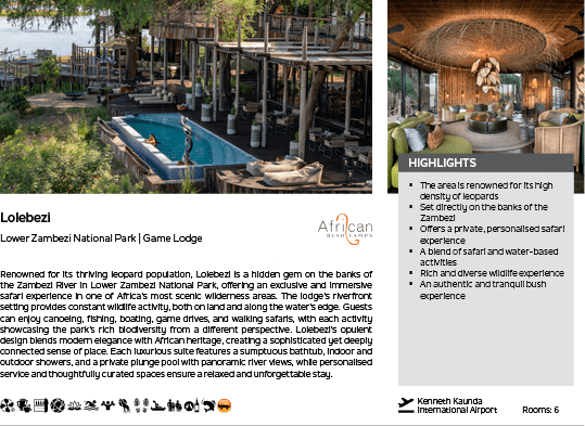 A brochure for the Lodzabat National Park Game Lodge. Description generated by AI