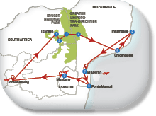A map of South Africa with a red line going through Kruger National Park. Description generated by AI