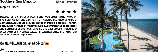 A hotel with a blue pool and palm trees. Description generated by AI