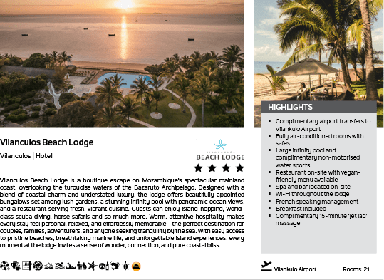 A hotel advertisement for the Vilanculos Beach Lodge. Description generated by AI