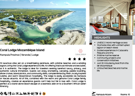 A website page with a picture of a beach and the words “Coral Lodge Mozambique Island". Description generated by AI