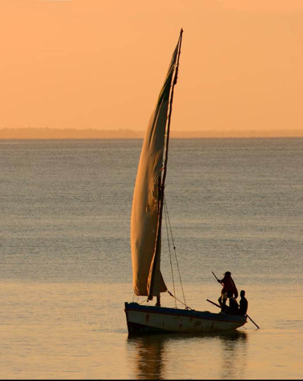 Traditional sail boat called a dhow at sunset, Vilanculos coastal sanctuary, Mozambique 