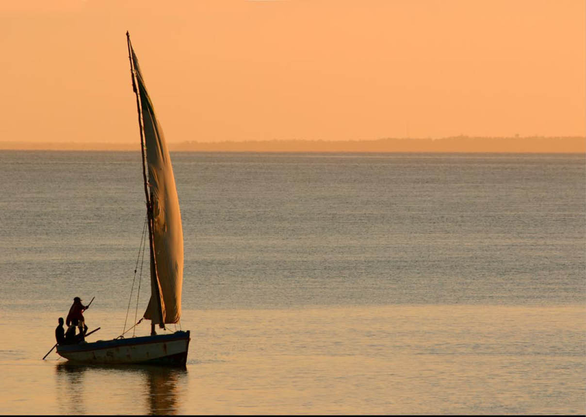 Traditional sail boat called a dhow at sunset, Vilanculos coastal sanctuary, Mozambique 
