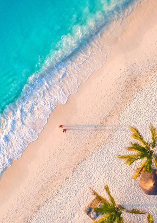 Aerial view of umbrellas, palms on the sandy beach of Indian Ocean at sunset. Summer in Zanzibar, Africa. Tropical landscape with palm trees, parasols, walking people, blue water, waves. Top view
