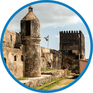 old fort Jesus in the Kenyan city of Mombasa on the coast of the Indian Ocean. Fort Jesus is a Portuguese fortification in Mombasa, Kenya. It was built in 1593