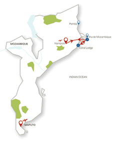 Map of Mozambique with red dots and blue lines. AI generated content