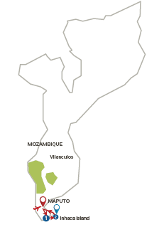 A map of Mozambique with a red dot on it. Description generated by AI