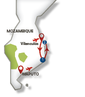 A map of Mozambique with red lines showing the way to different locations. Description generated by AI