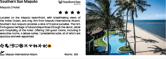 A hotel with a blue pool and palm trees. Description generated by AI