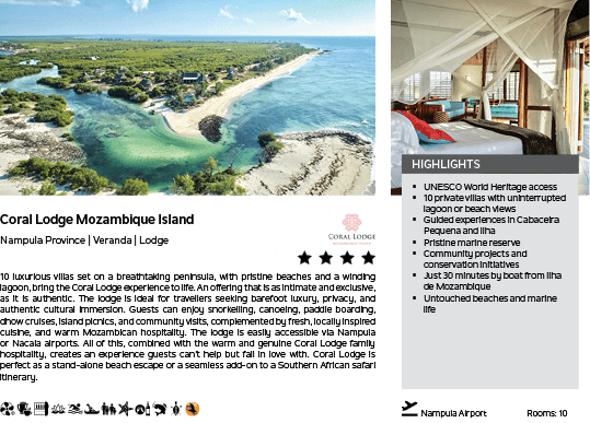 A website page with a picture of a beach and the words “Coral Lodge Mozambique Island". Description generated by AI