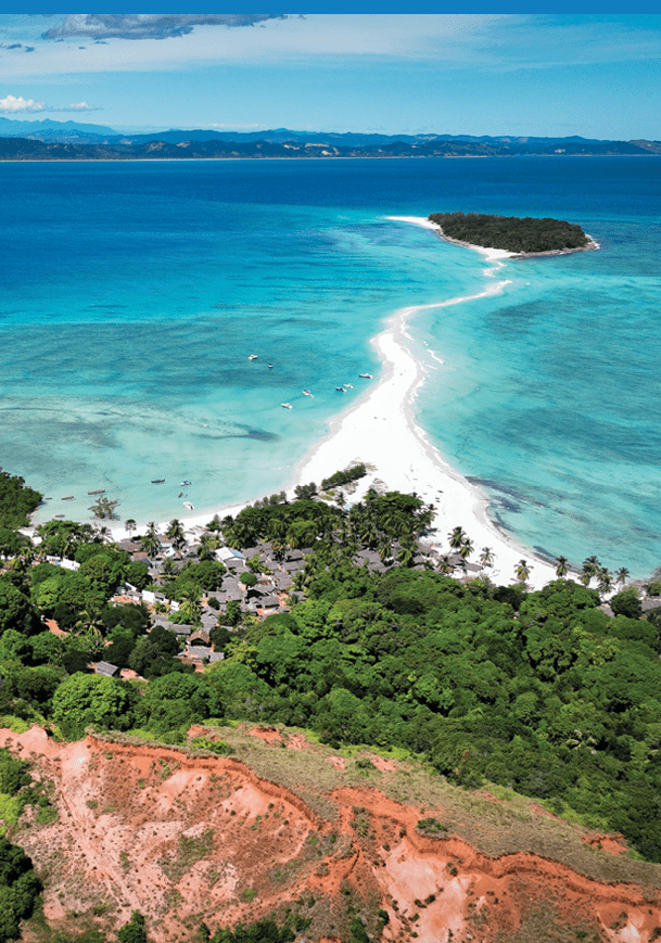 Aerial view of Nosy Iranja Island showcasing vibrant waters and lush greenery in Madagascar