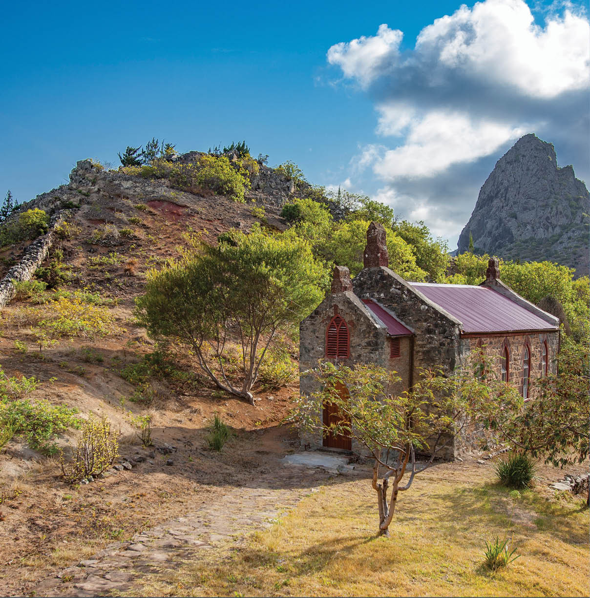 landscape with church on Saint Helena Island in the middle of the south atlantic ocean