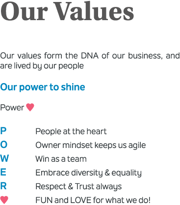 Our Values Our values form the DNA of our business, and are lived by our people Our power to shine Power ♥ P People a...