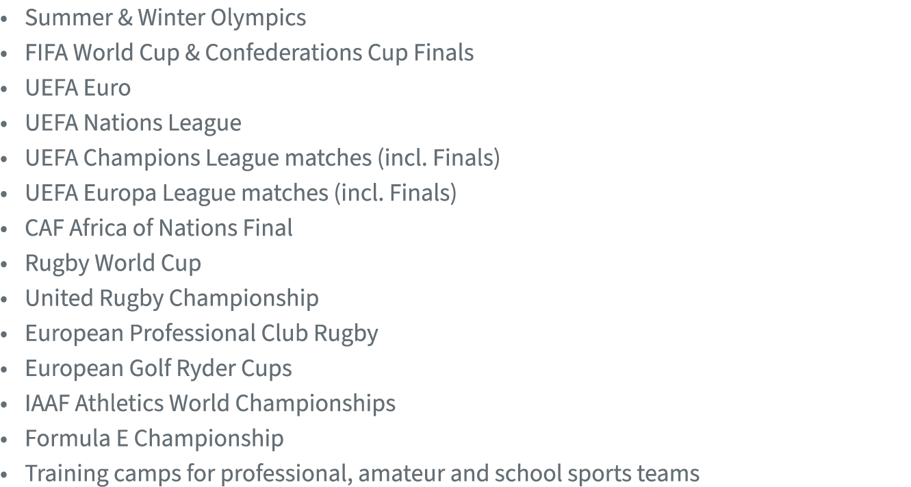 • Summer & Winter Olympics • FIFA World Cup & Confederations Cup Finals • UEFA Euro • UEFA Nations League • UEFA Cham...